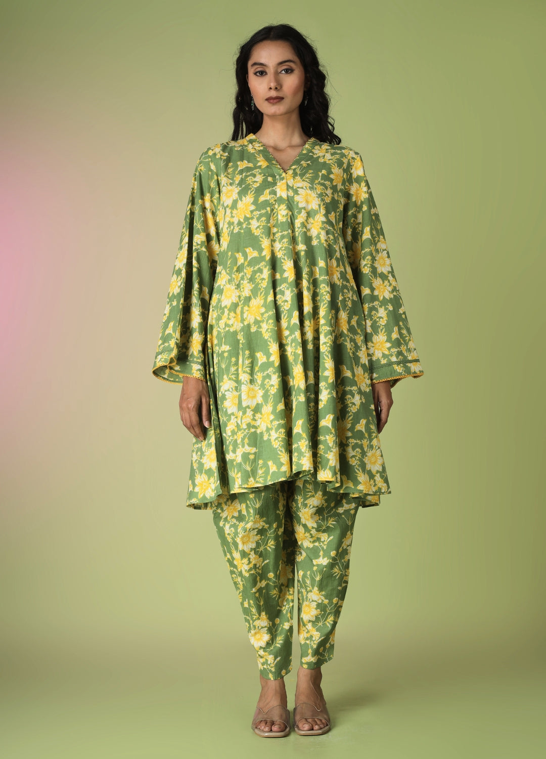 Green Printed Short Kurta with Tulip Pants