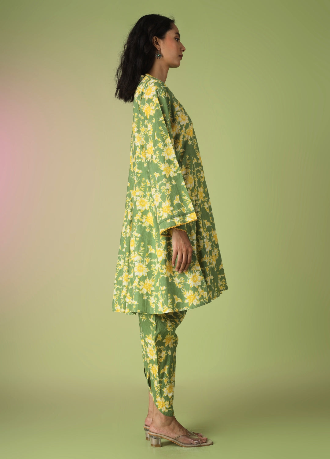 Green Printed Short Kurta with Tulip Pants