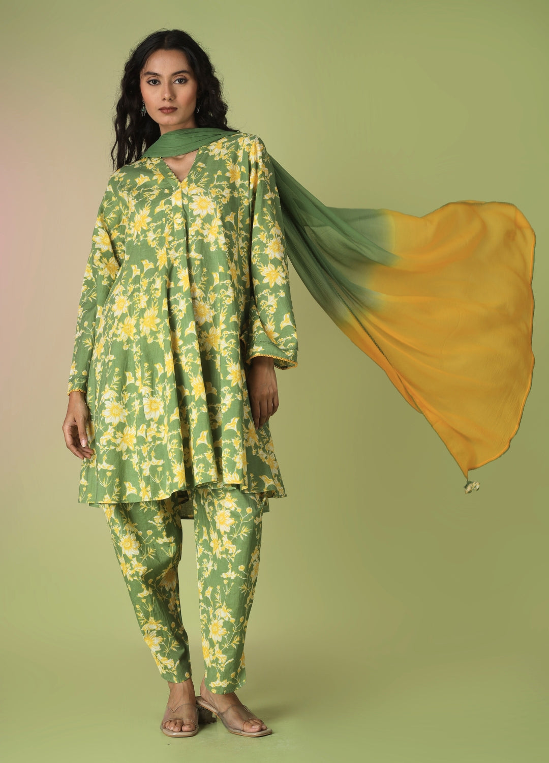 Green Printed Short Kurta with Tulip Pants