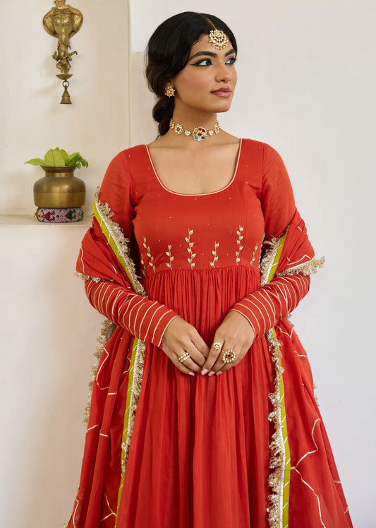 Round Neck Anarkali Suit Set - Kesar Orange