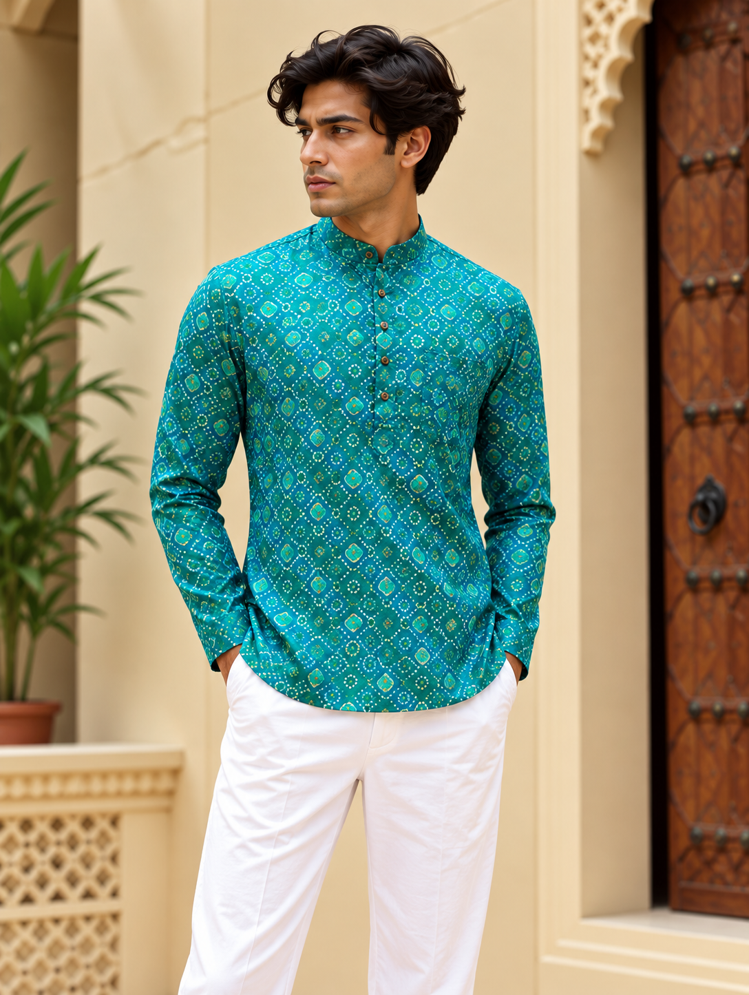 Turquoise Bandhej Short Kurta