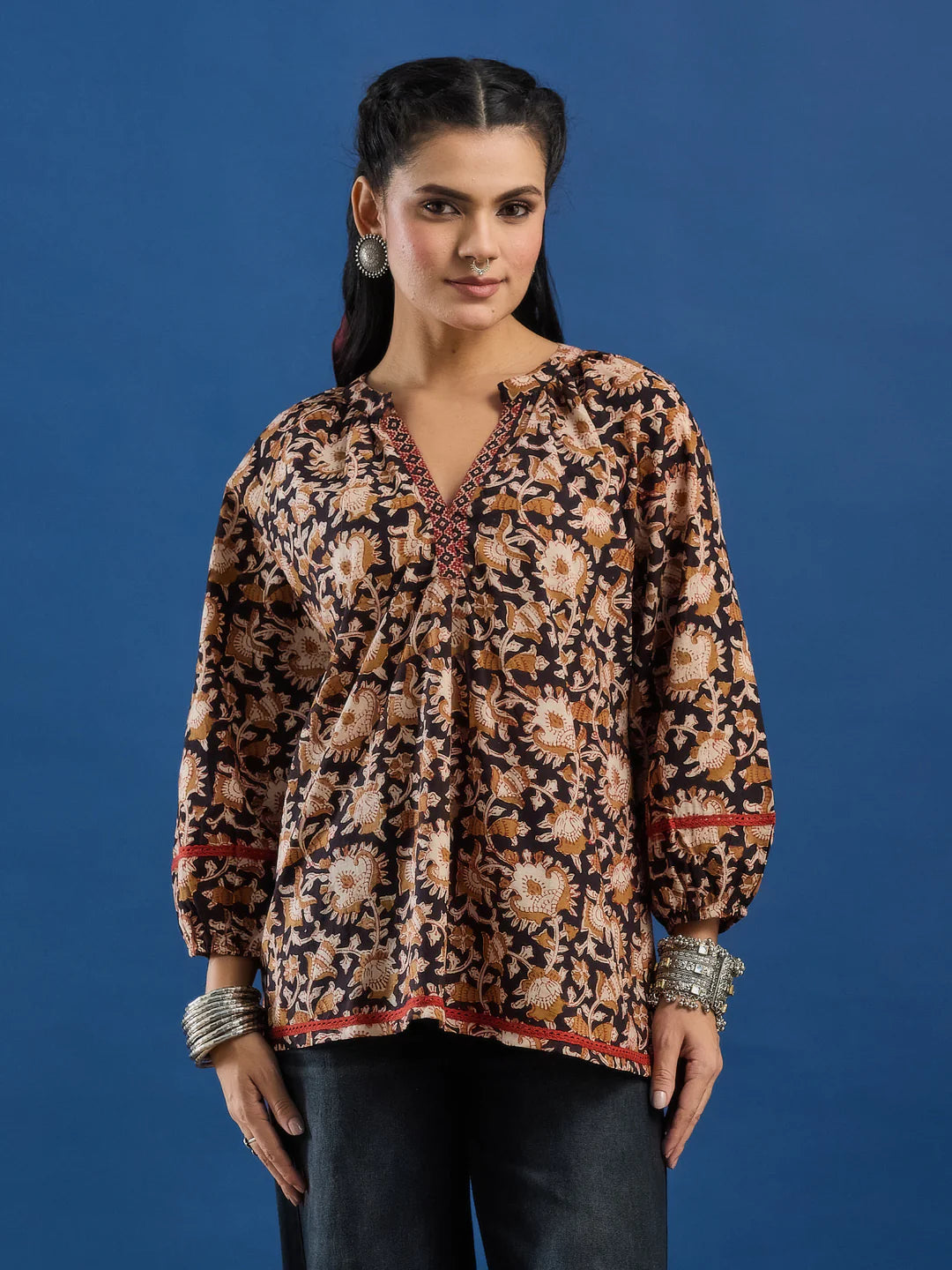 Black Floral Handblock Printed Cotton Top with Lace Detailing