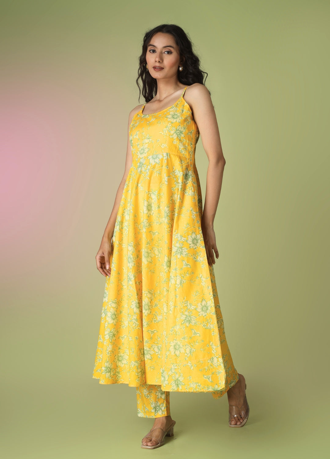 Yellow Printed Strappy Anarkali Set