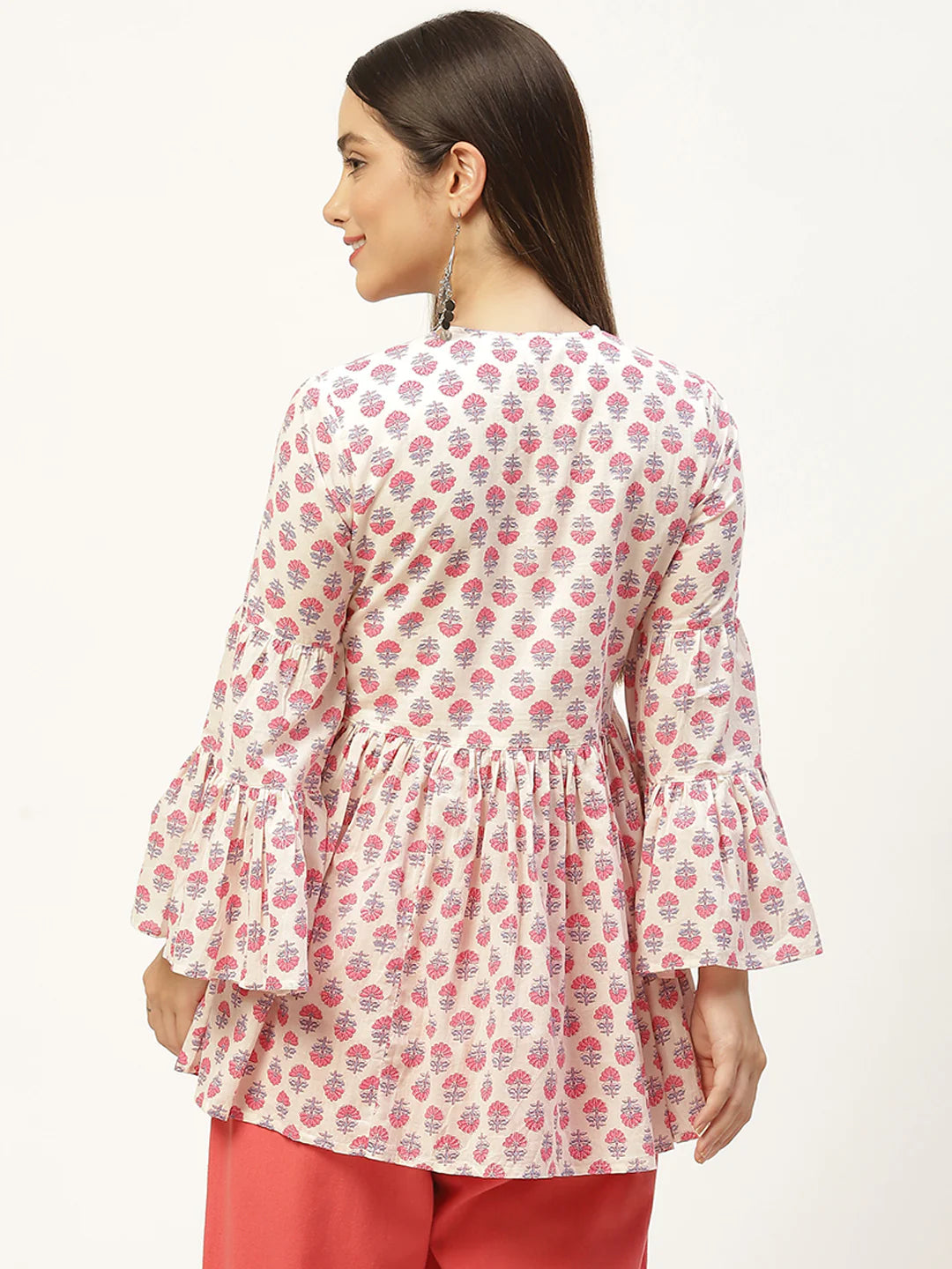 White Print Tie-Up Neck Cotton Cinched Waist Top