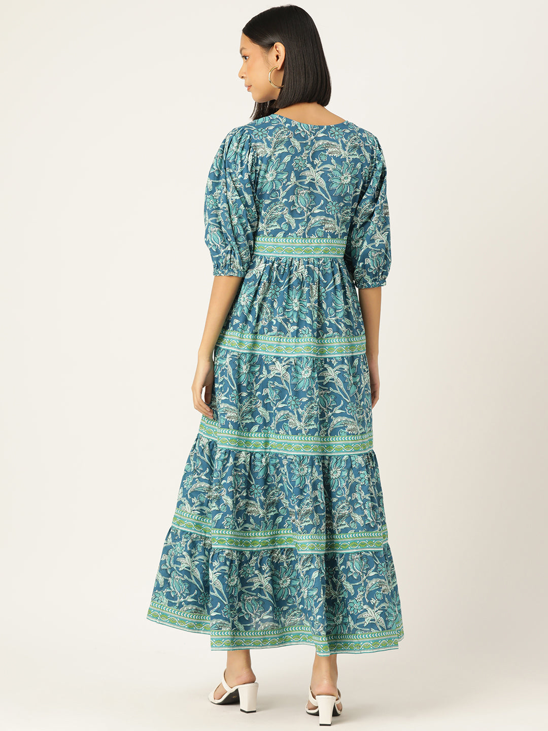 Turquoise V-neck Handblock Printed Dress