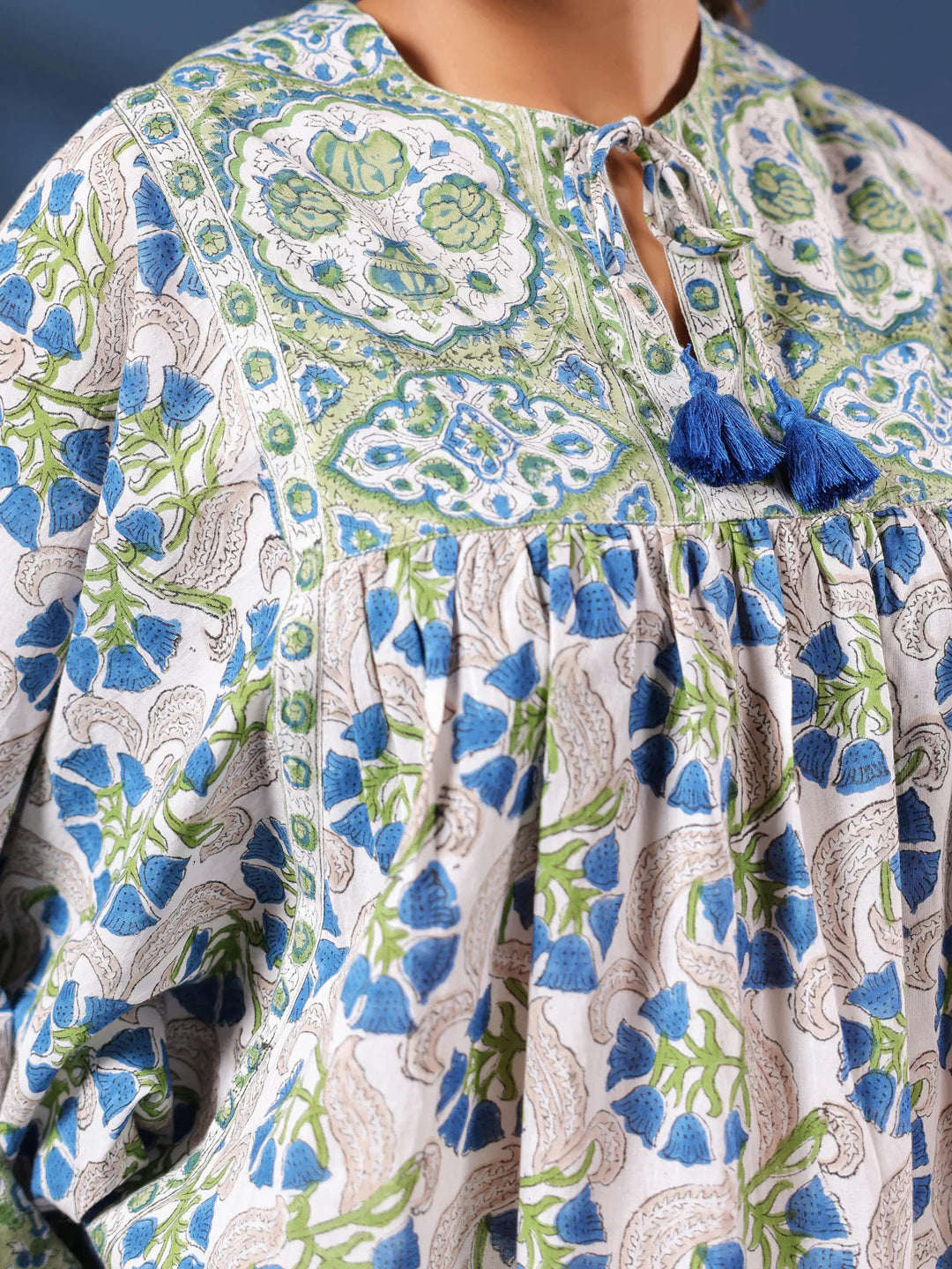 White and Green Handblock Printed Boho Volume Sleeved Top