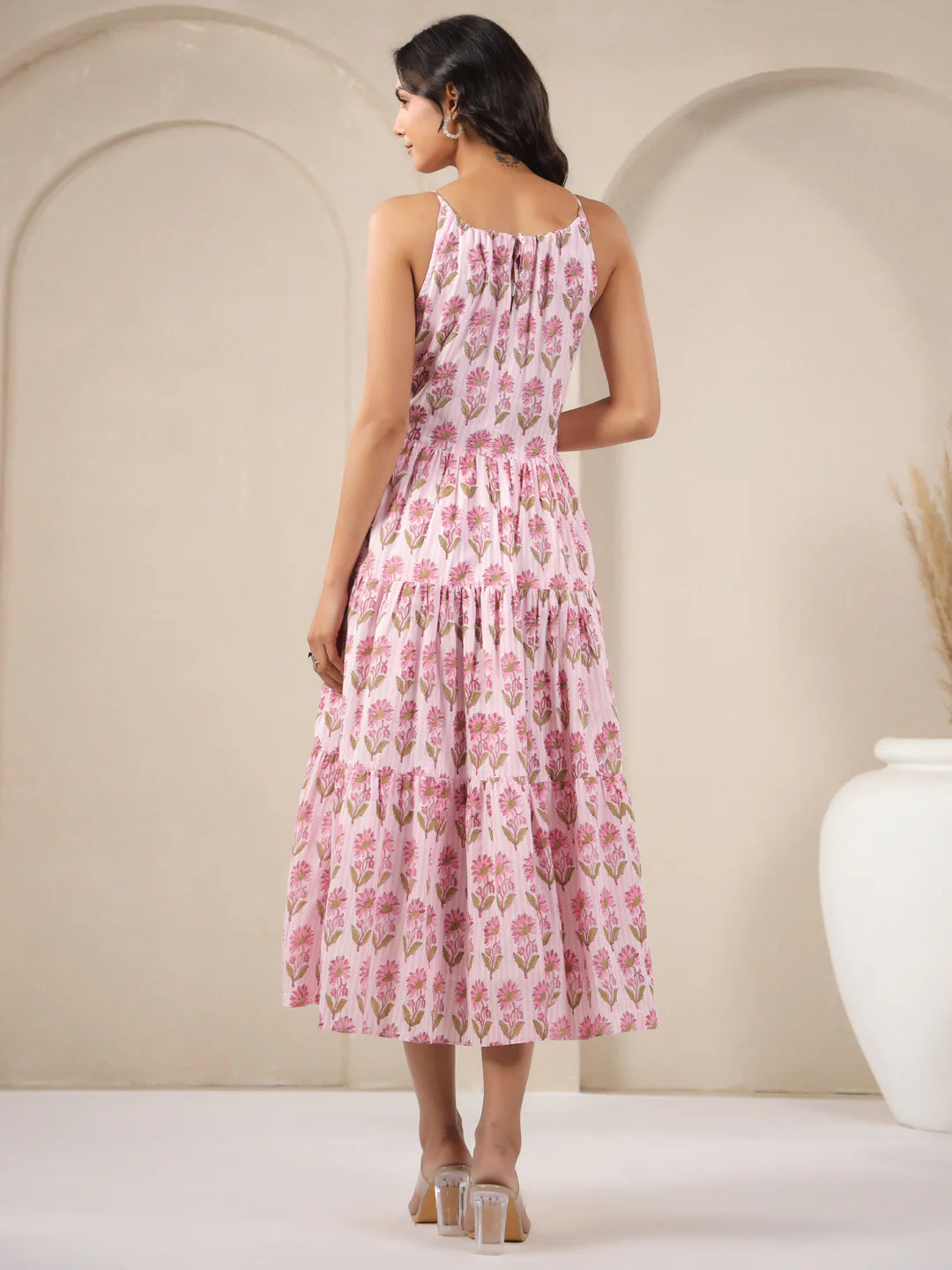 Pink Stripes Handblock Printed Cotton Maxi Dress