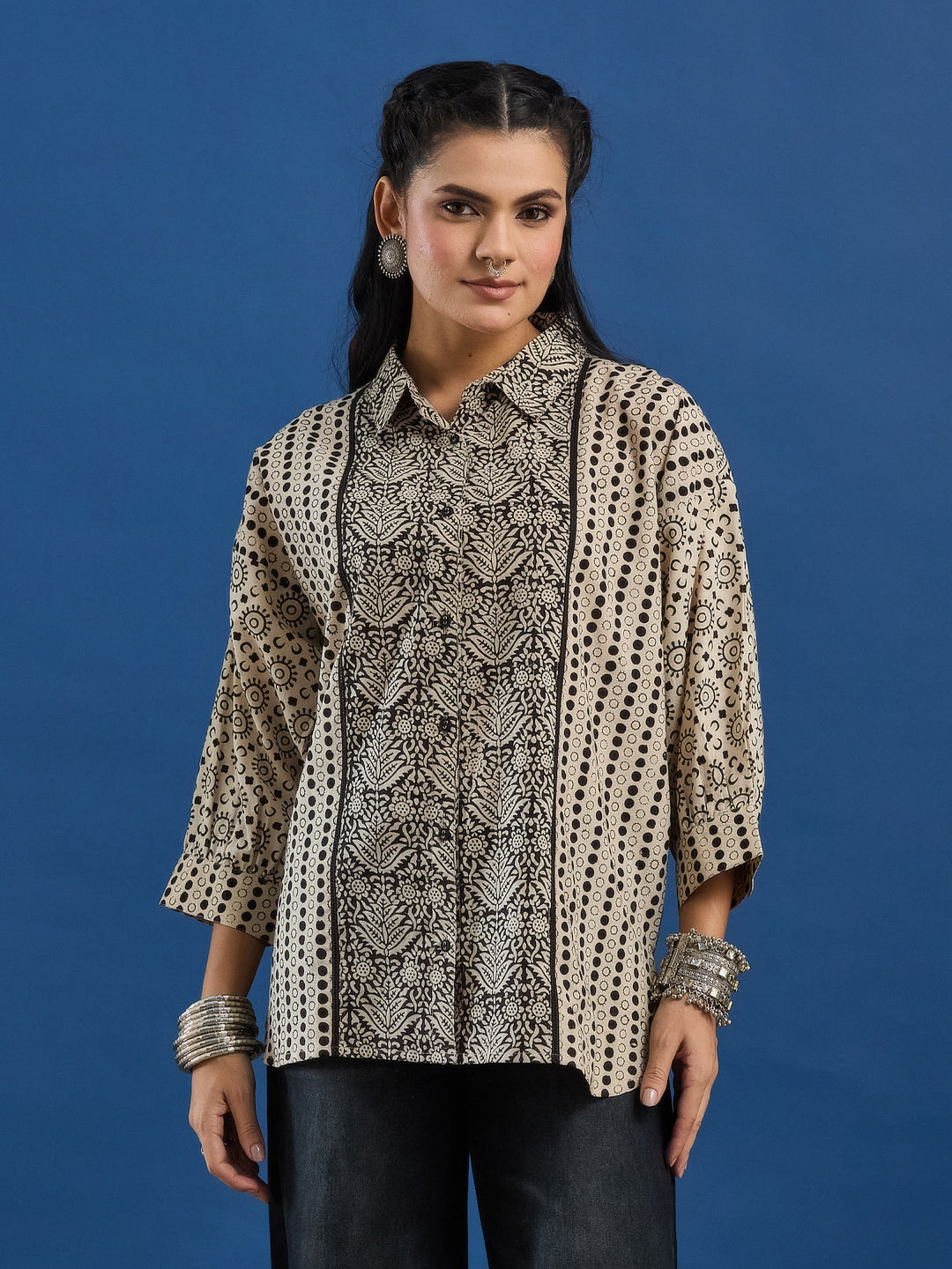 Black Handblock Printed Loose Fit Cotton Shirt