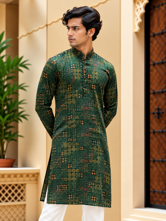 Green Geometric Printed Long Kurta