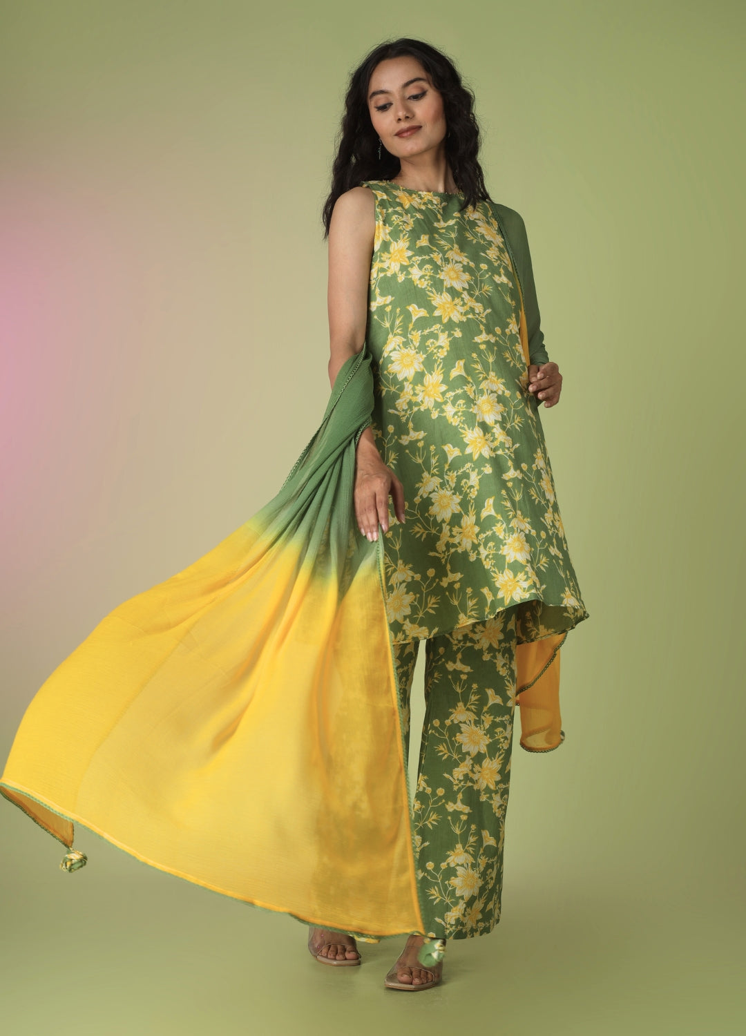 Green Sleeveless Kurta with Flared Pants