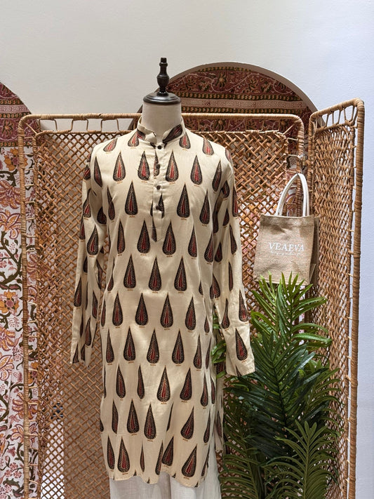 White and Red Printed Long Kurta