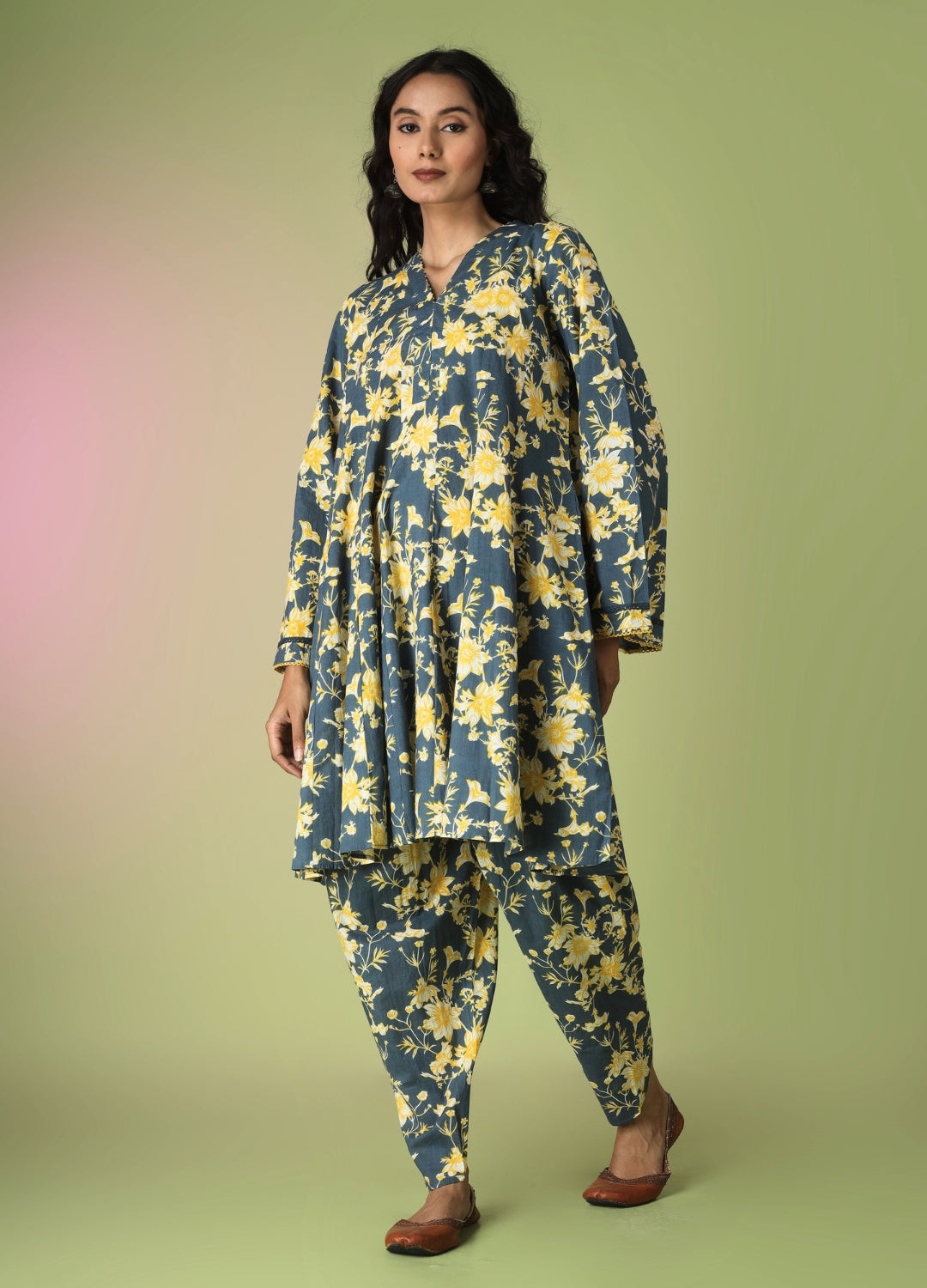 Blue Short Kurta with Tulip Pant Suit Set
