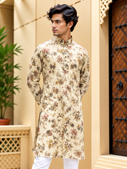 Cream Floral Printed Long Kurta
