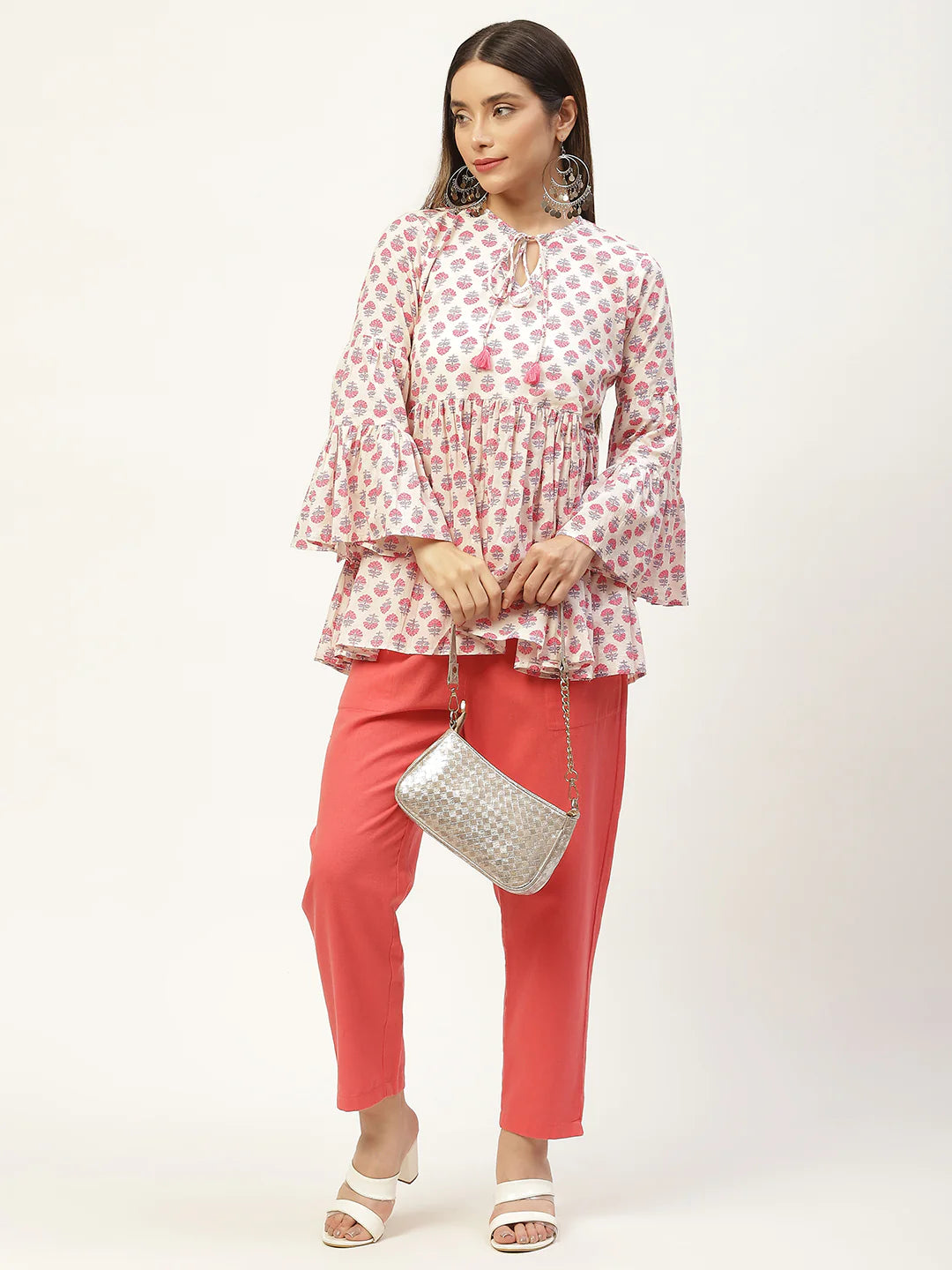 White Print Tie-Up Neck Cotton Cinched Waist Top