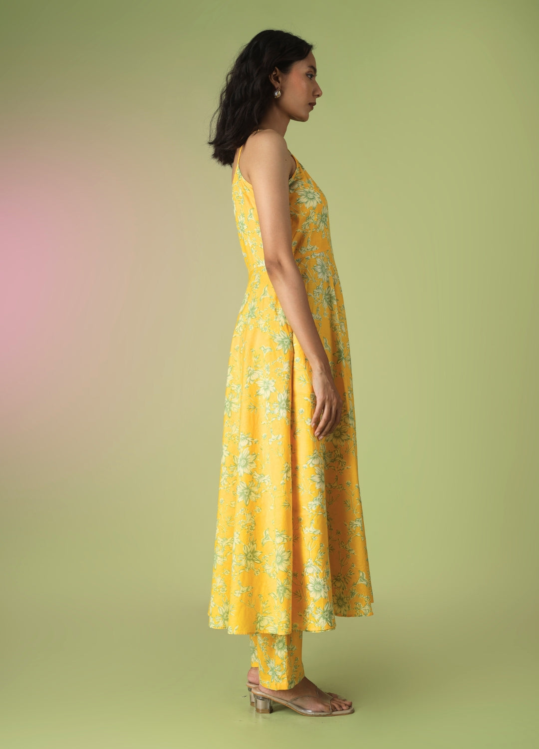 Yellow Printed Strappy Anarkali Set