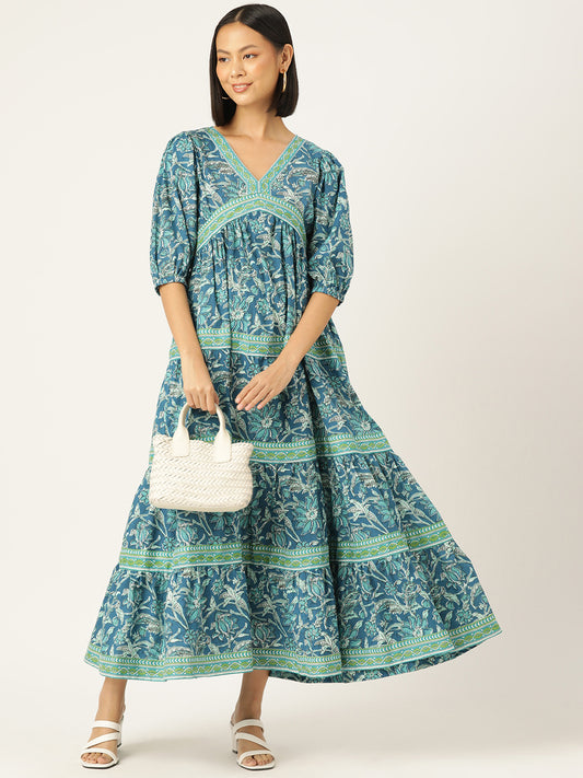 Turquoise V-neck Handblock Printed Dress