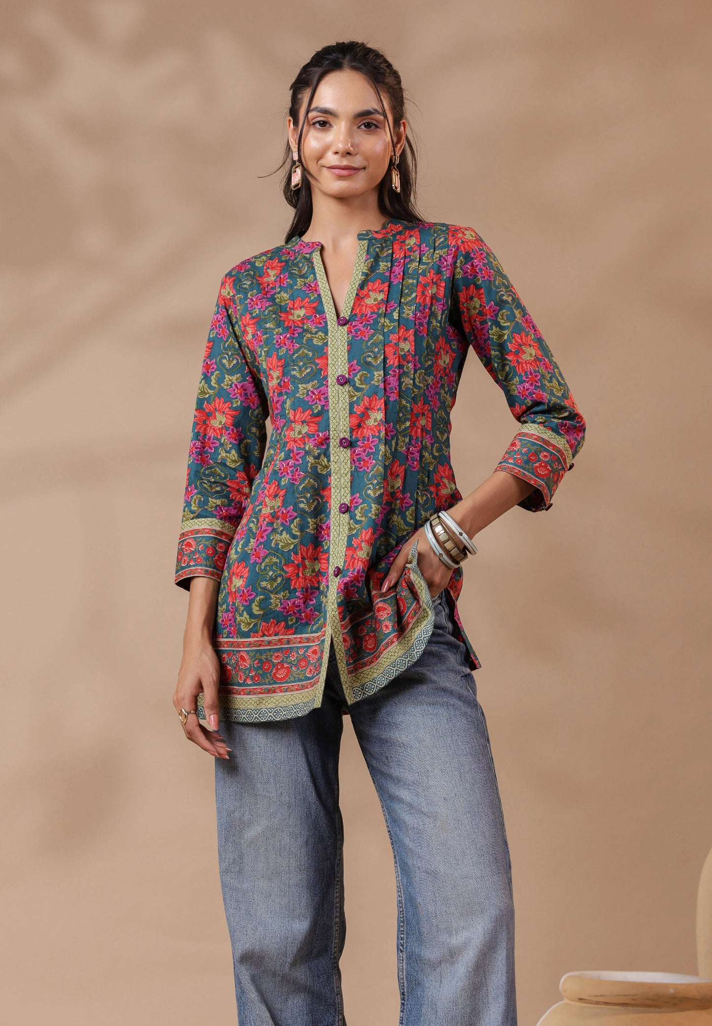 Green Printed Pintucks Cotton Top