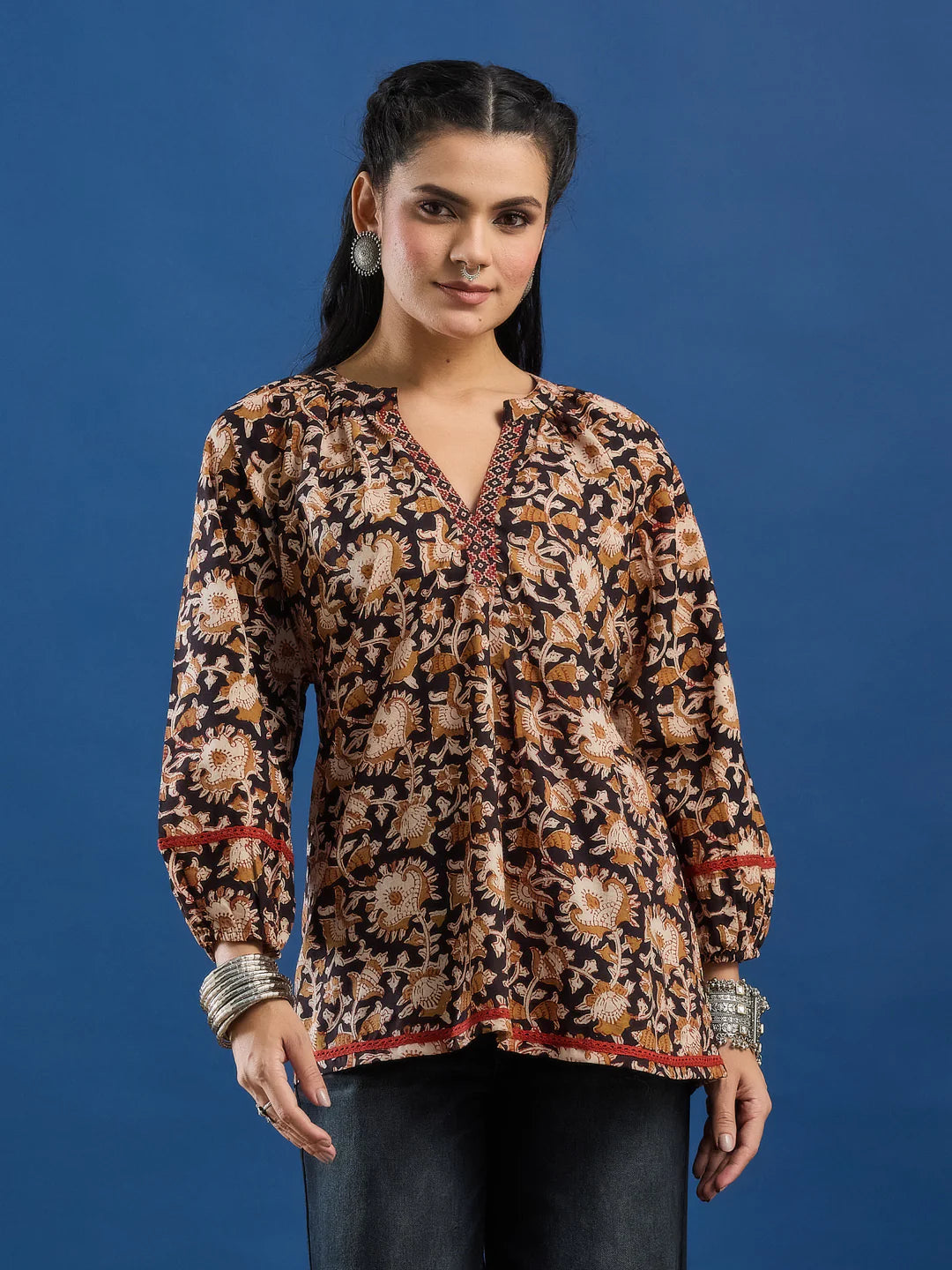 Black Floral Handblock Printed Cotton Top with Lace Detailing