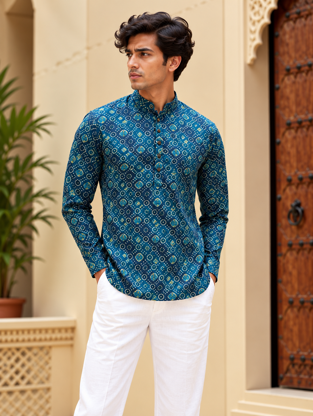 Teal Blue Geometric Short Kurta