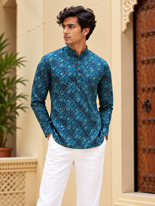 Teal Blue Geometric Short Kurta