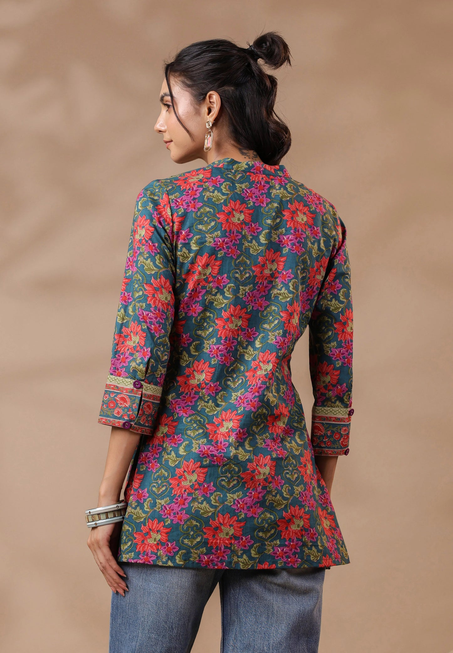 Green Printed Pintucks Cotton Top