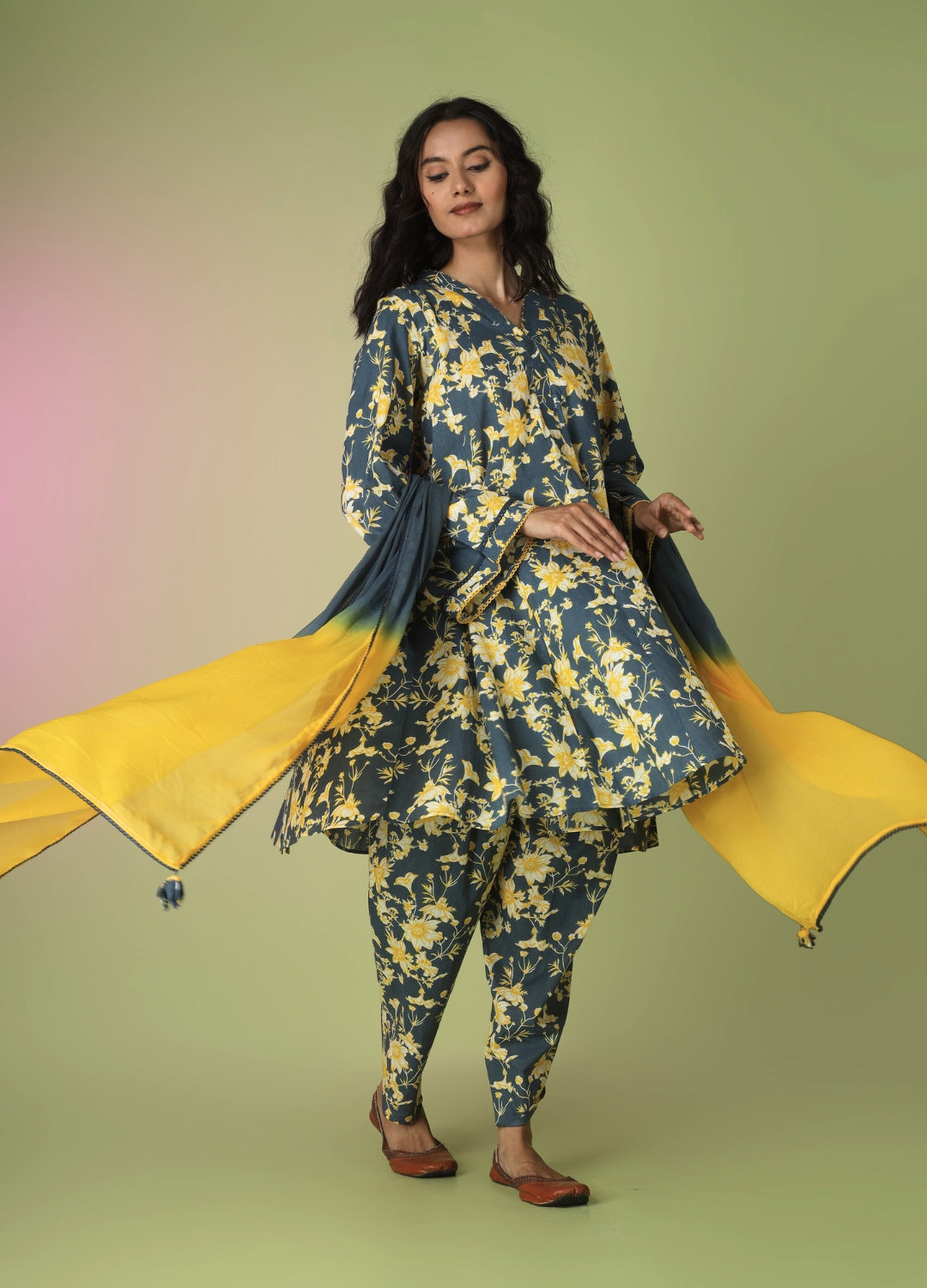 Blue Short Kurta with Tulip Pant Suit Set