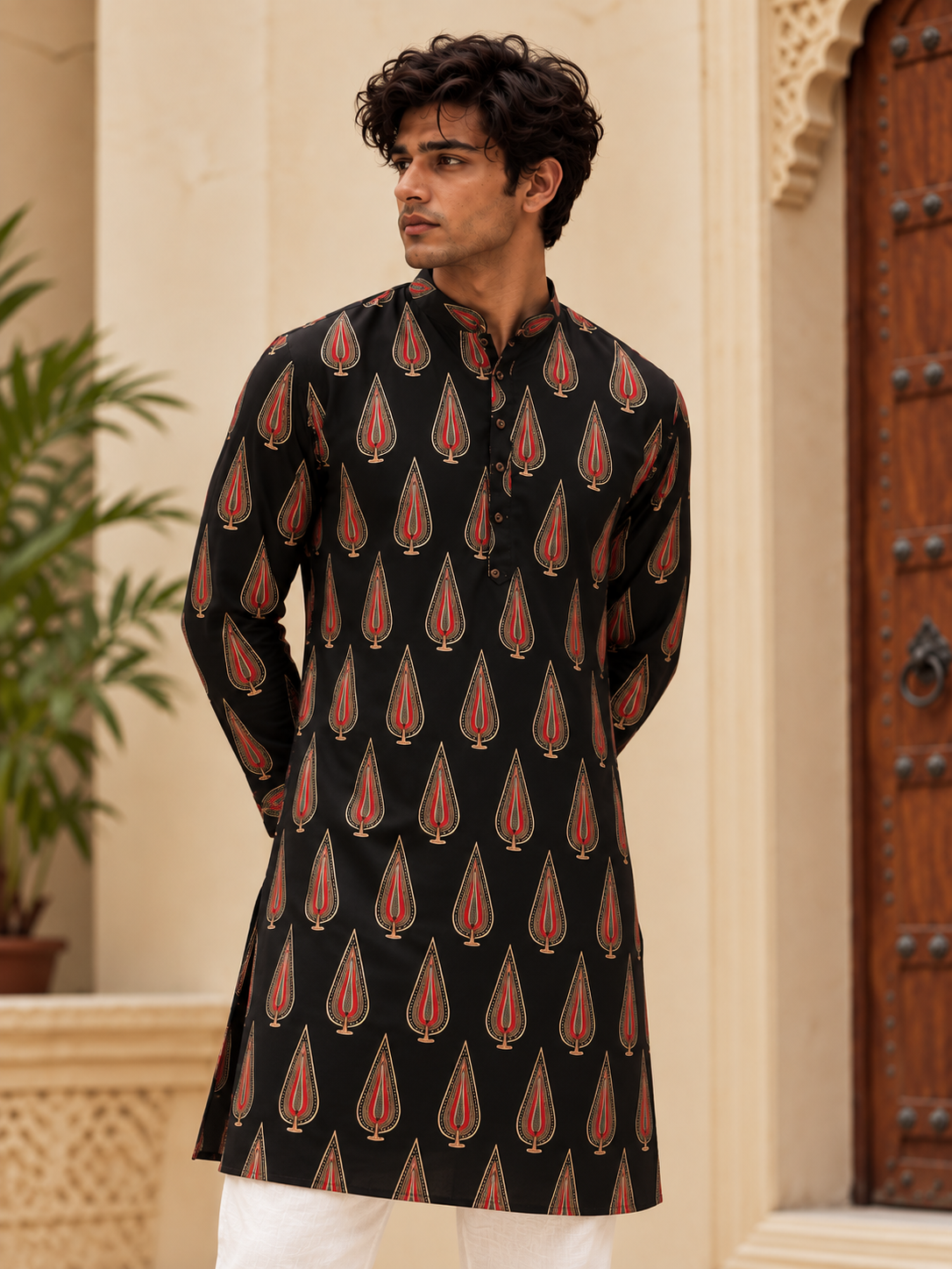 Black and Red Printed Long Kurta