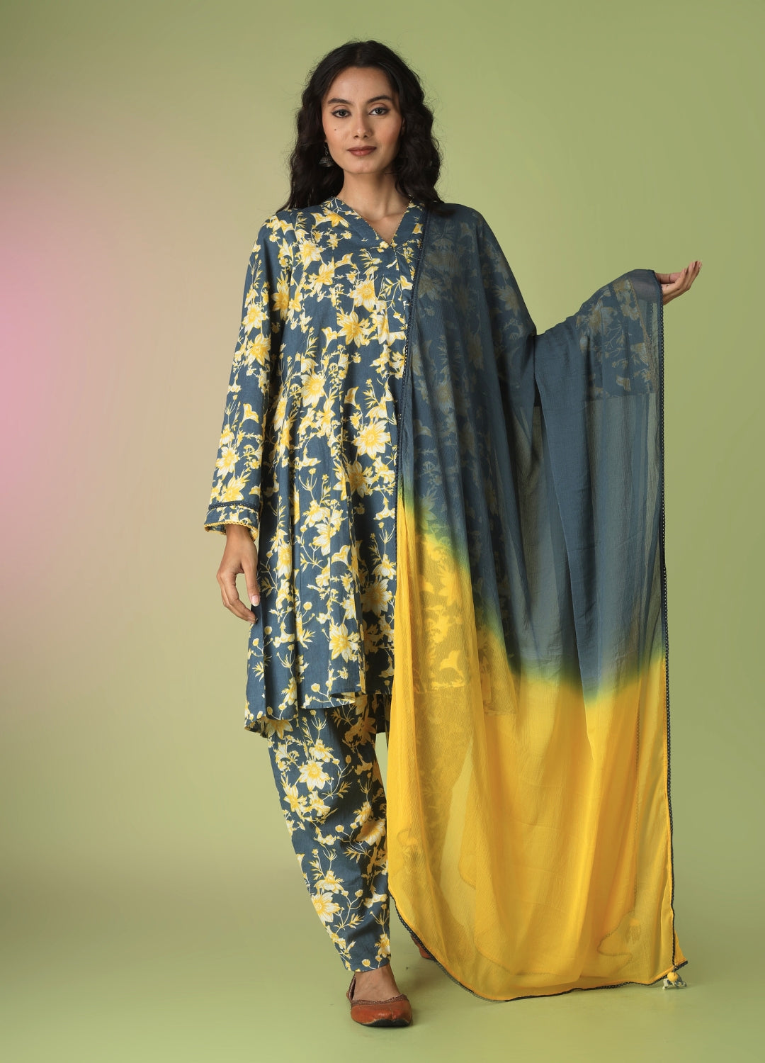 Blue Short Kurta with Tulip Pant Suit Set