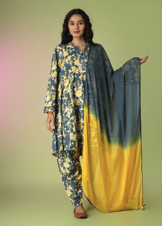 Blue Short Kurta with Tulip Pant Suit Set