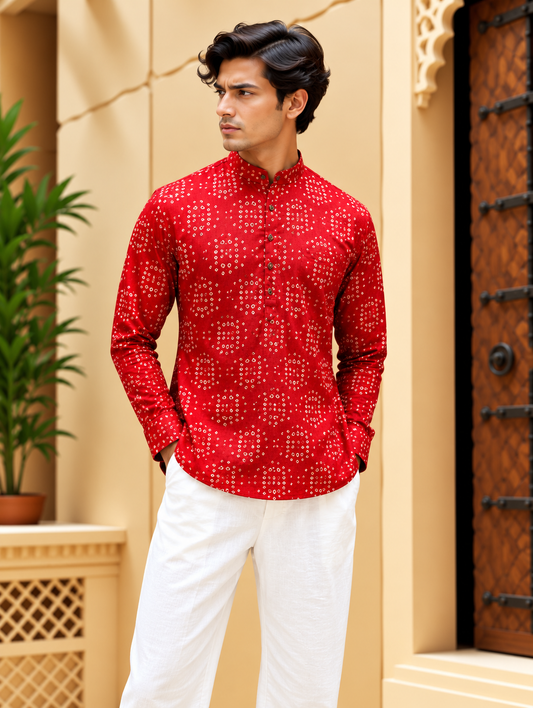 Red Bandhani Printed Short Kurta