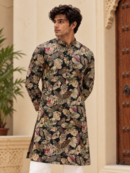 Black Floral Long Kurta
