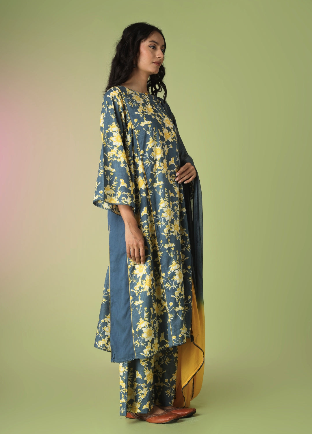 Blue Printed Side Gathered Anarkali Set