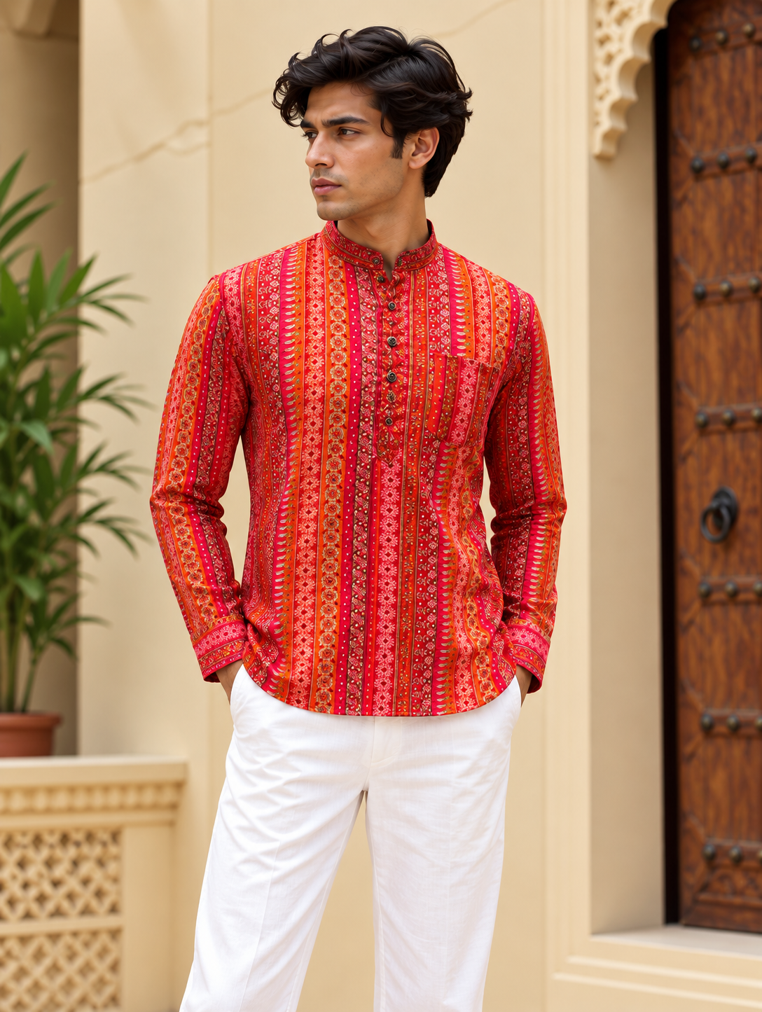 Red Striped Short Kurta