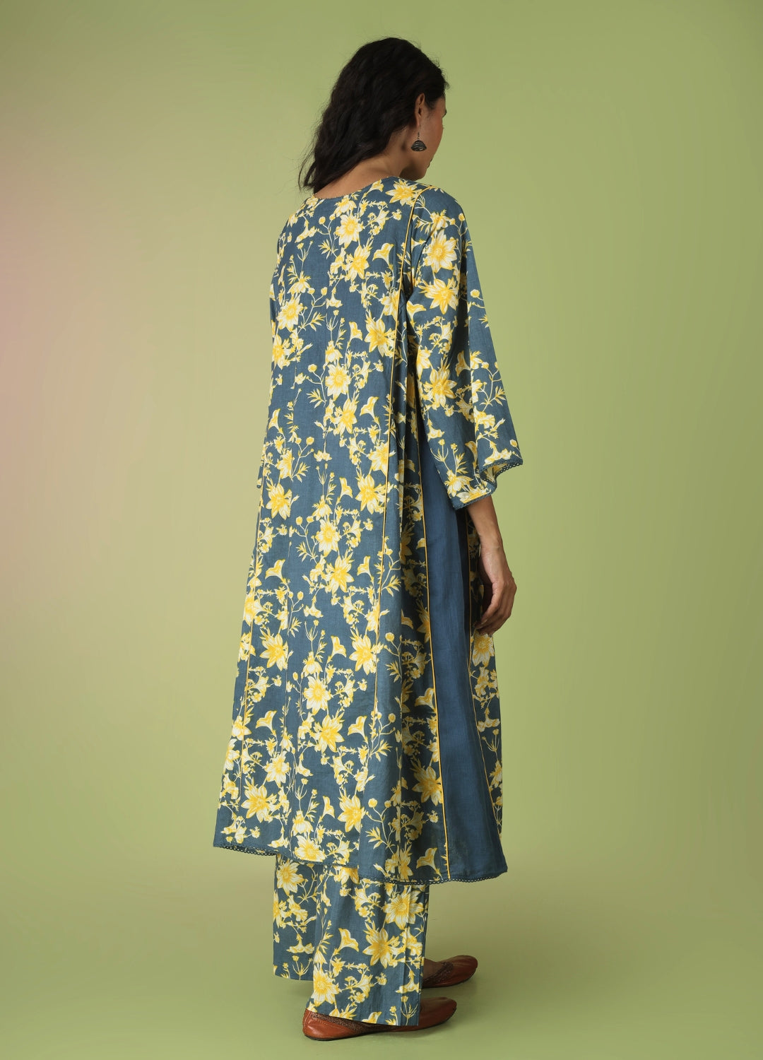 Blue Printed Side Gathered Anarkali Set