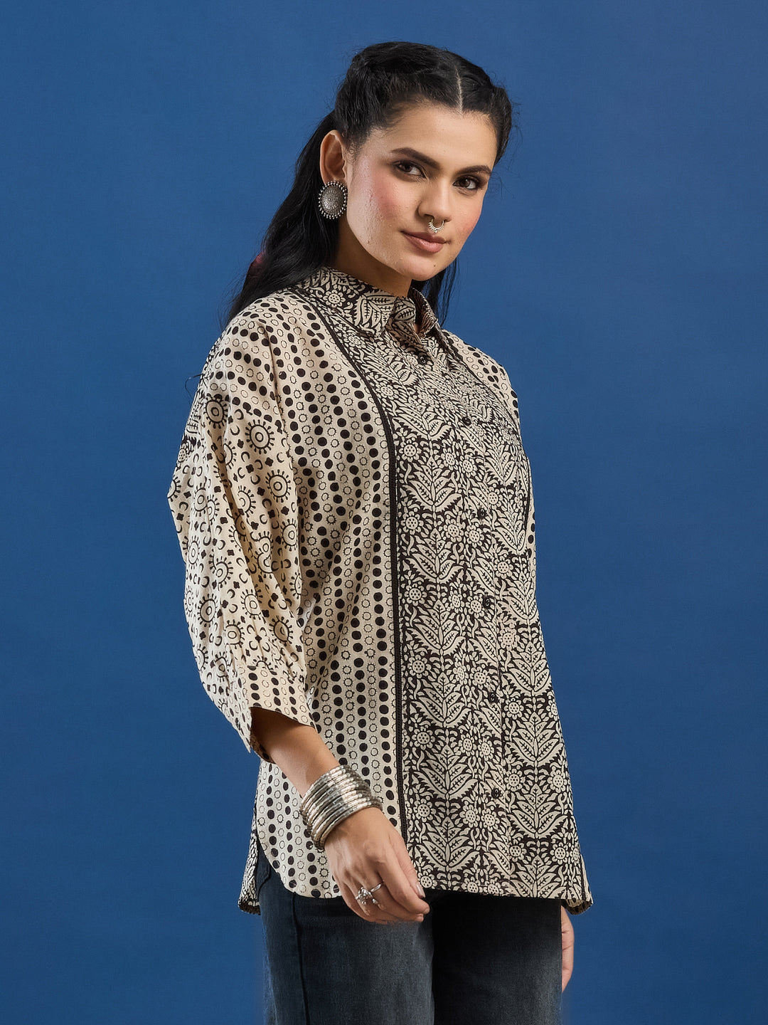Black Handblock Printed Loose Fit Cotton Shirt
