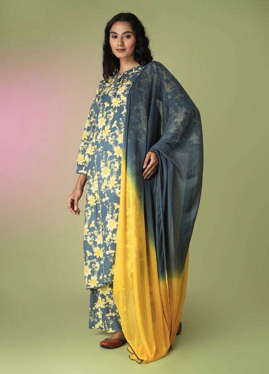 Blue Printed Side Gathered Anarkali Set