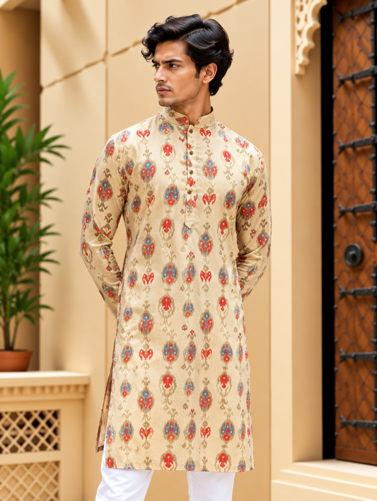 Cream Multicolour Printed Long Kurta