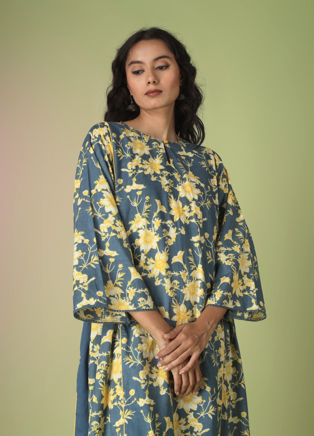 Blue Printed Side Gathered Anarkali Set