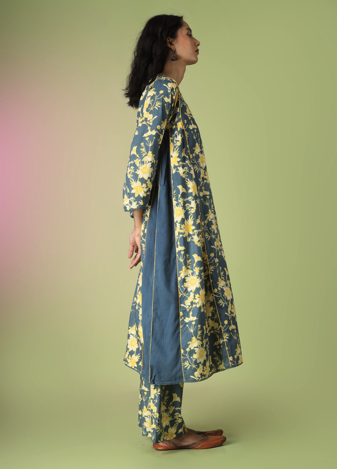 Blue Printed Side Gathered Anarkali Set