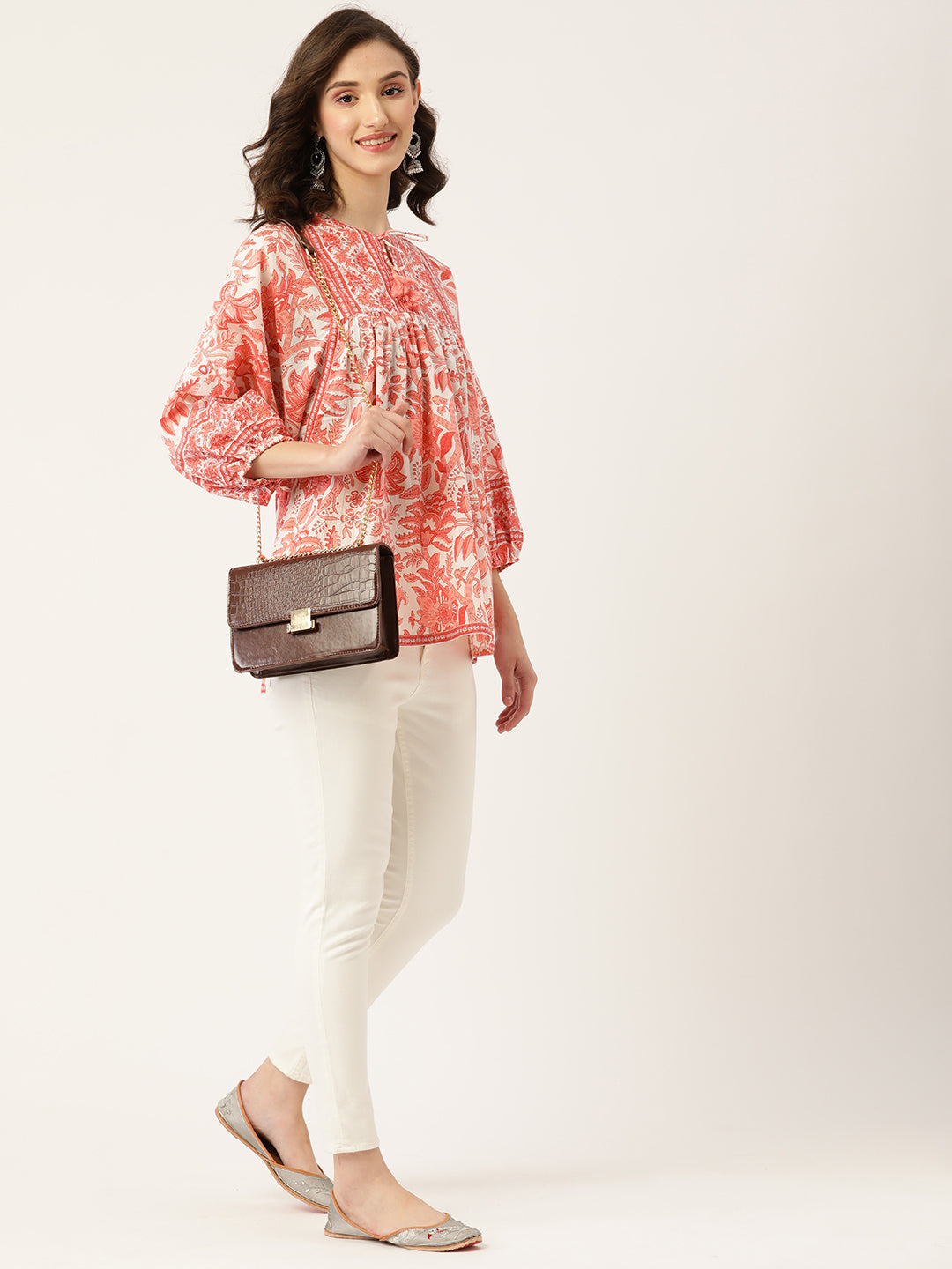Coral Hand-Block Printed Boho Volume Sleeved Top