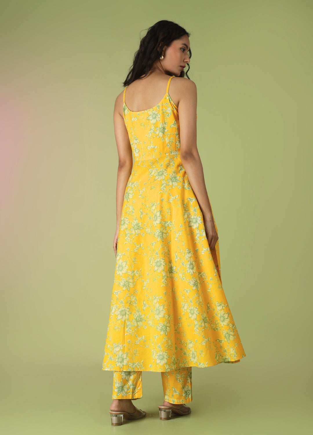 Yellow Printed Strappy Anarkali Set