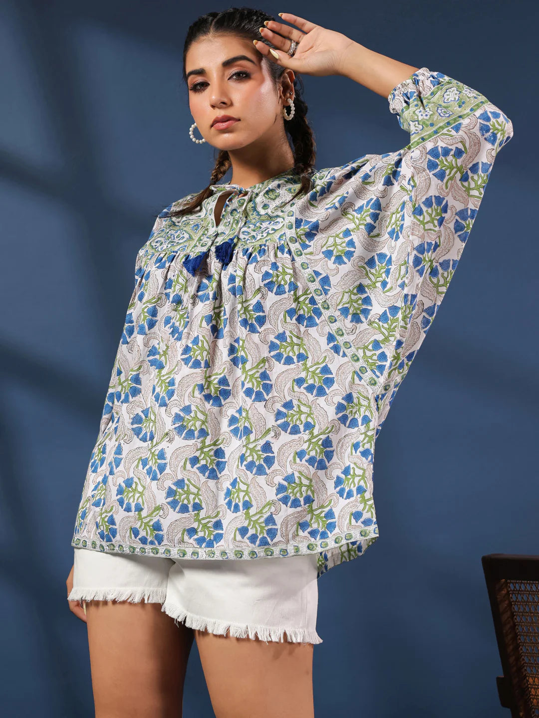 White and Green Handblock Printed Boho Volume Sleeved Top