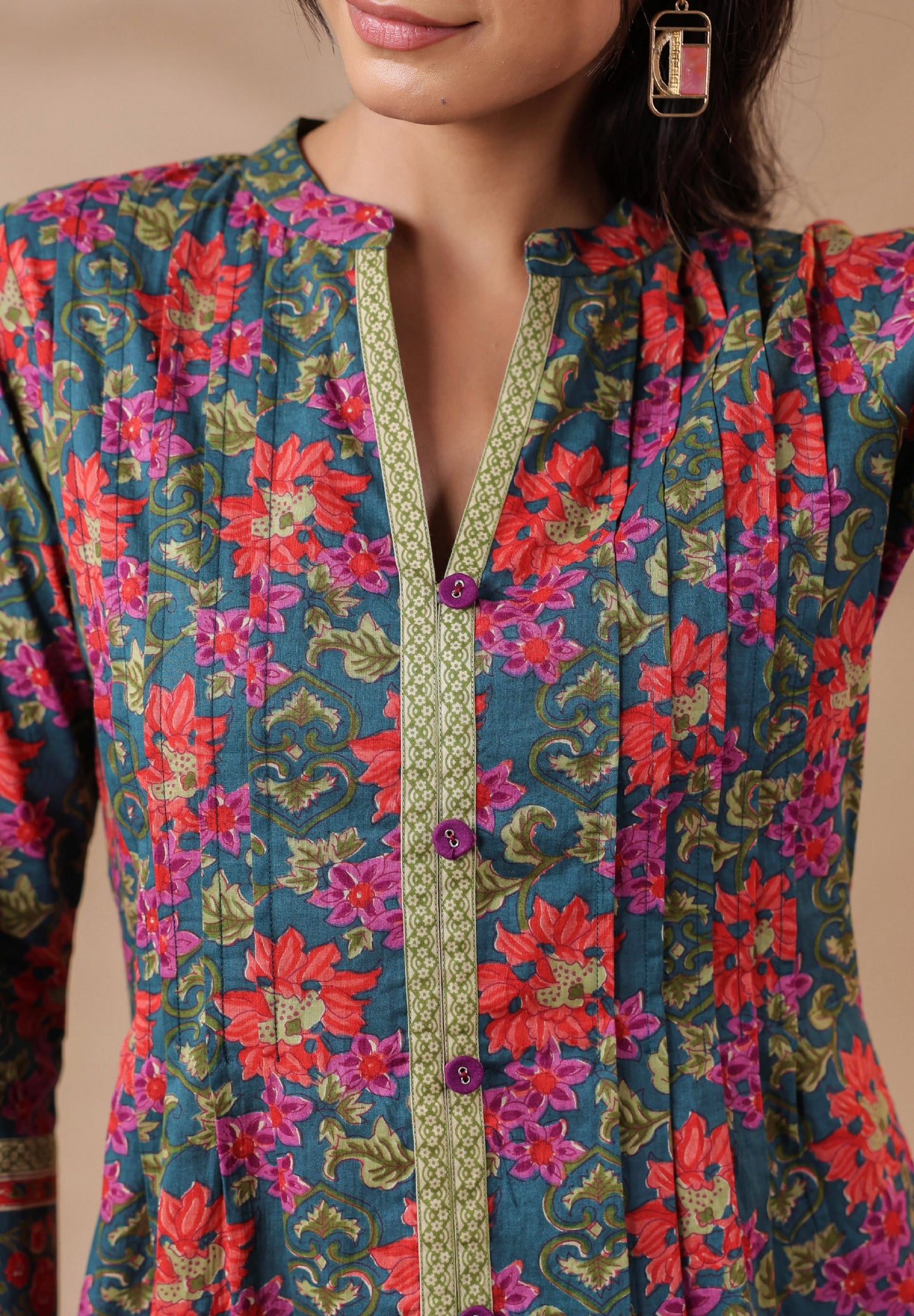 Green Printed Pintucks Cotton Top