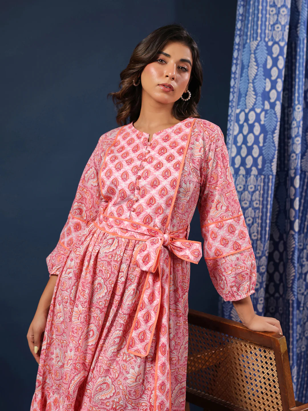 Pastel Pink Handblock Printed Cotton Dress with Belt and Pockets