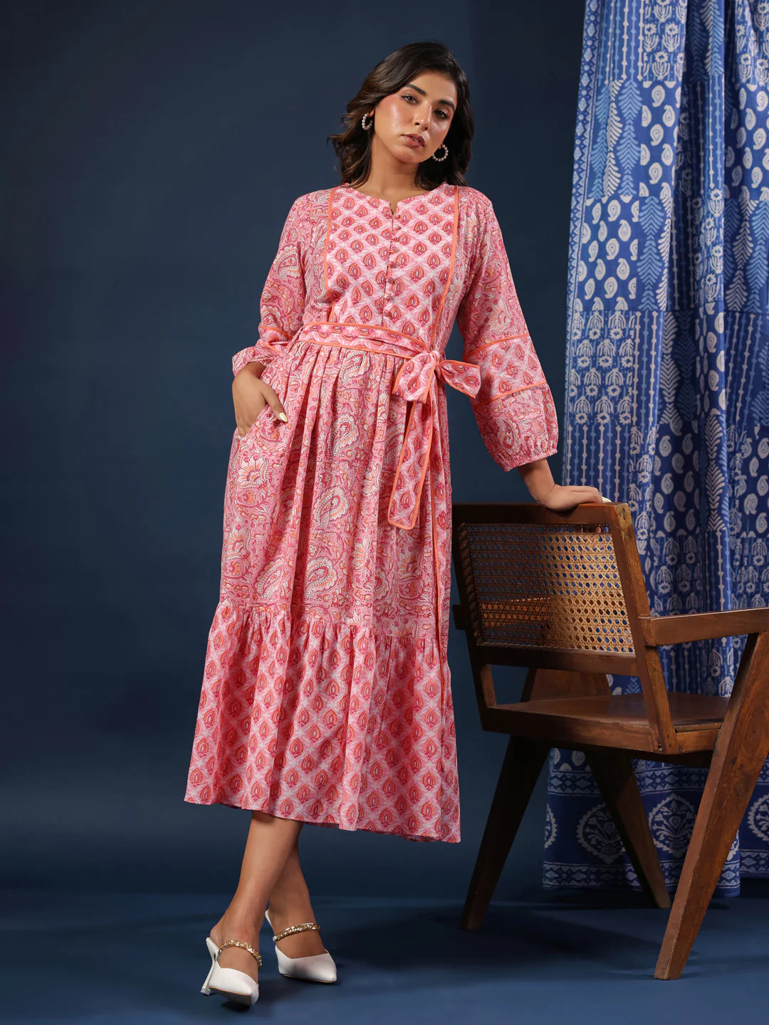 Pastel Pink Handblock Printed Cotton Dress with Belt and Pockets