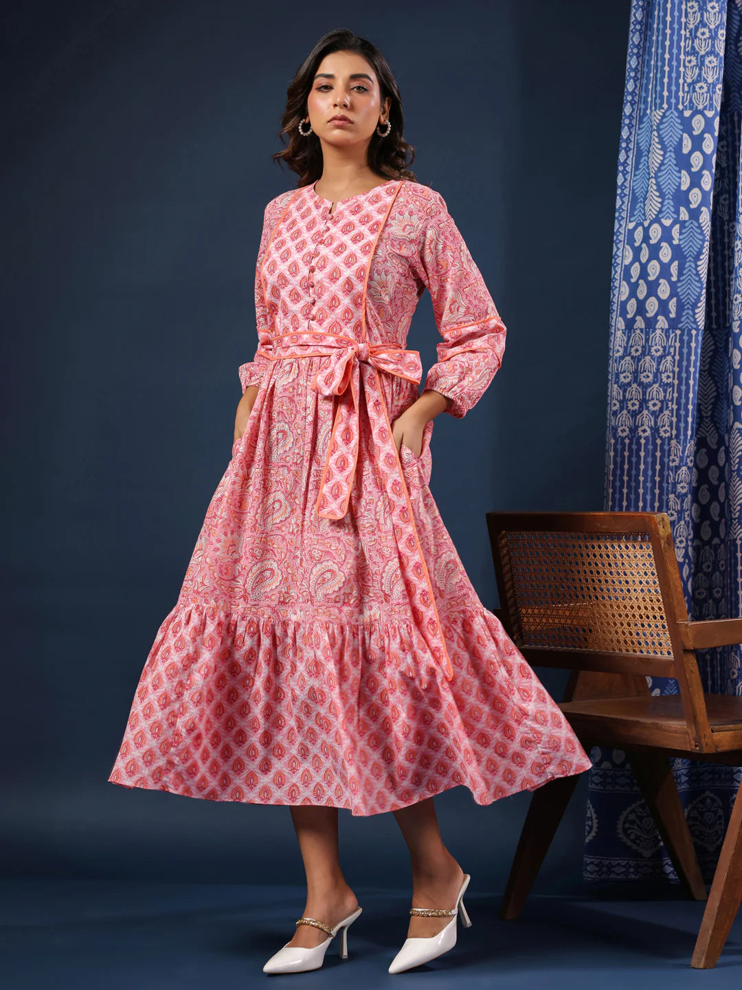 Pastel Pink Handblock Printed Cotton Dress with Belt and Pockets