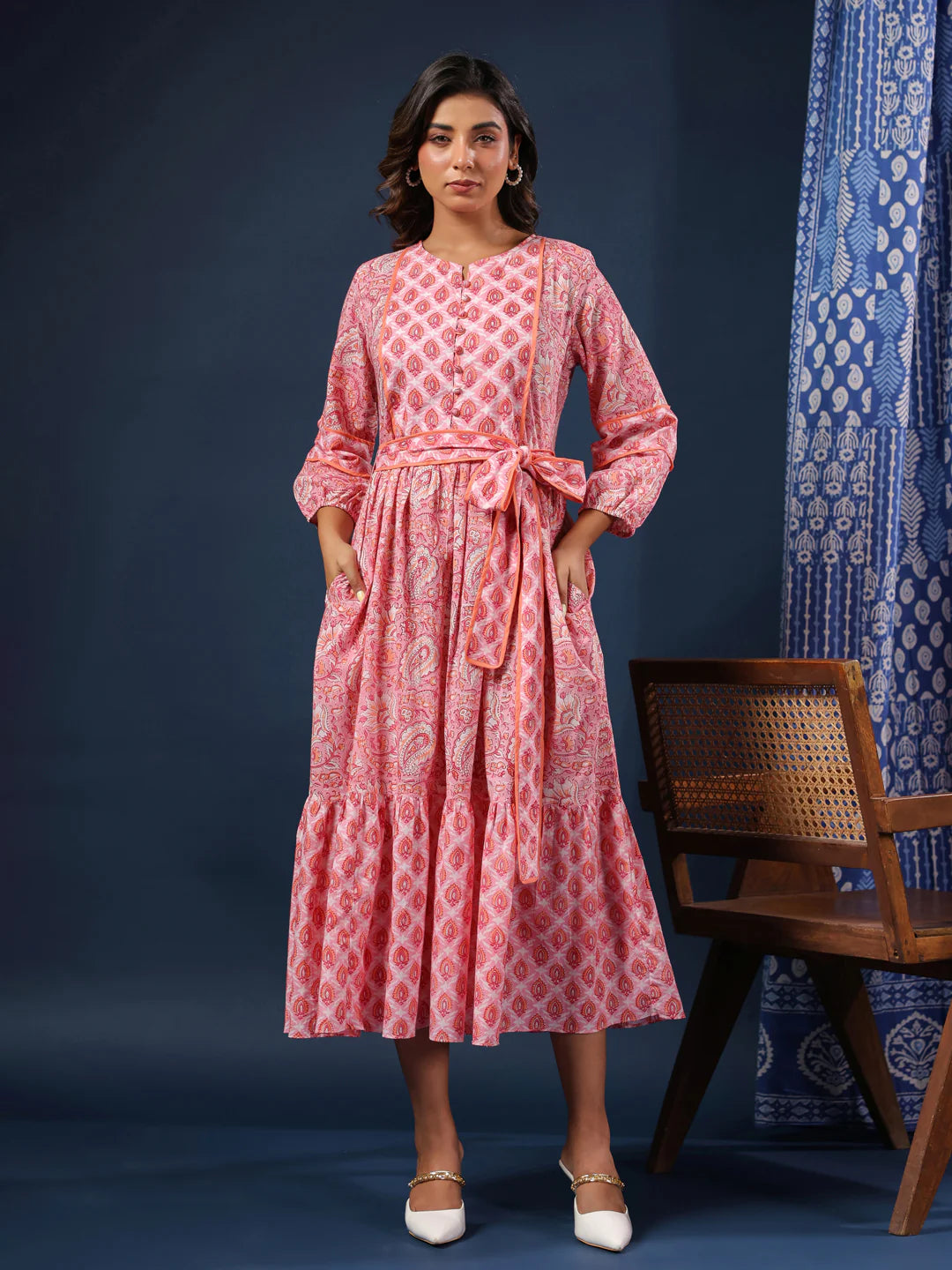 Pastel Pink Handblock Printed Cotton Dress with Belt and Pockets