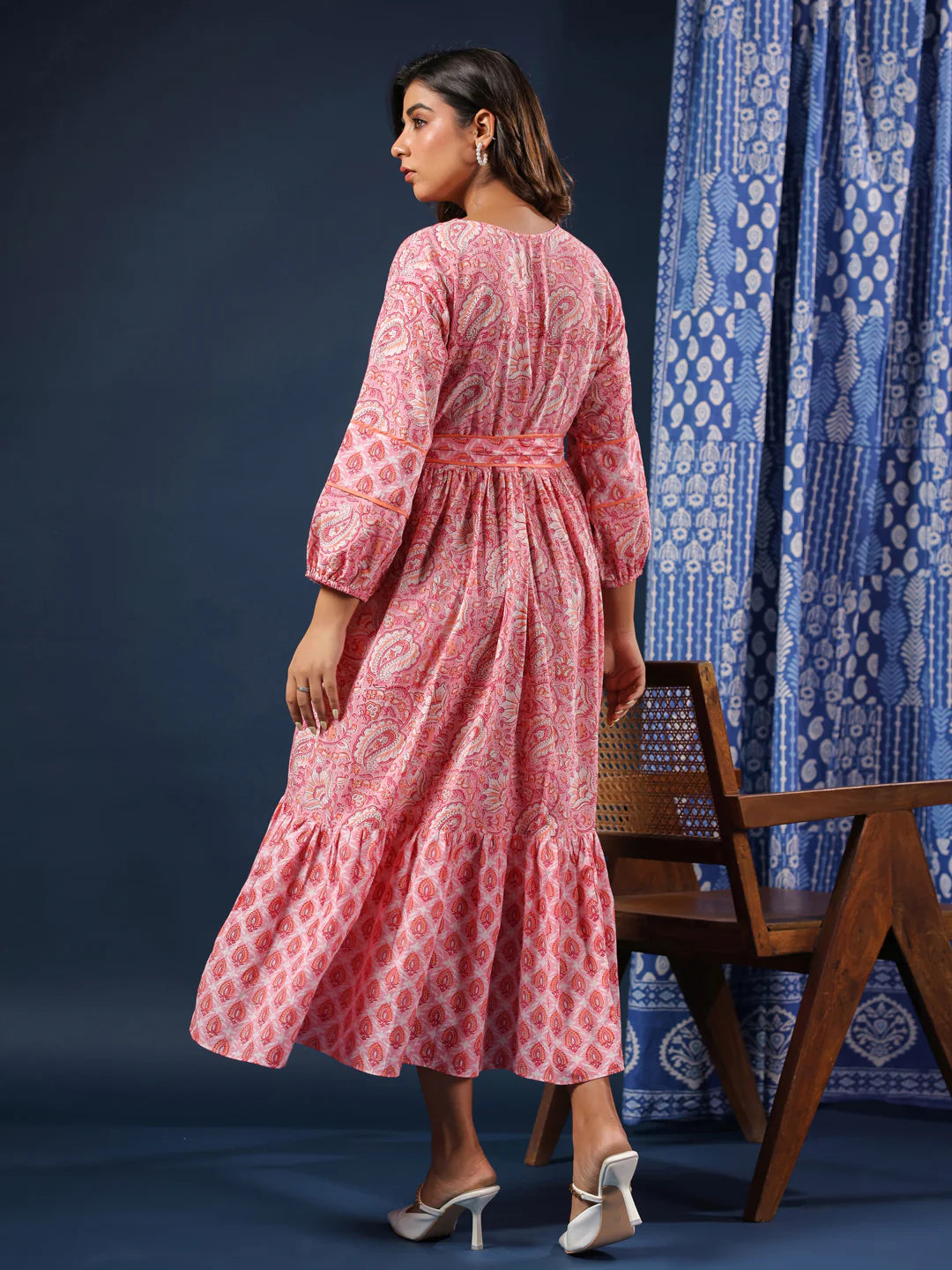 Pastel Pink Handblock Printed Cotton Dress with Belt and Pockets