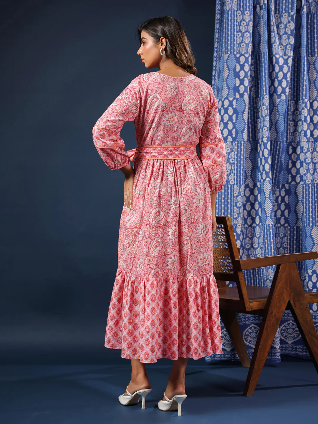 Pastel Pink Handblock Printed Cotton Dress with Belt and Pockets