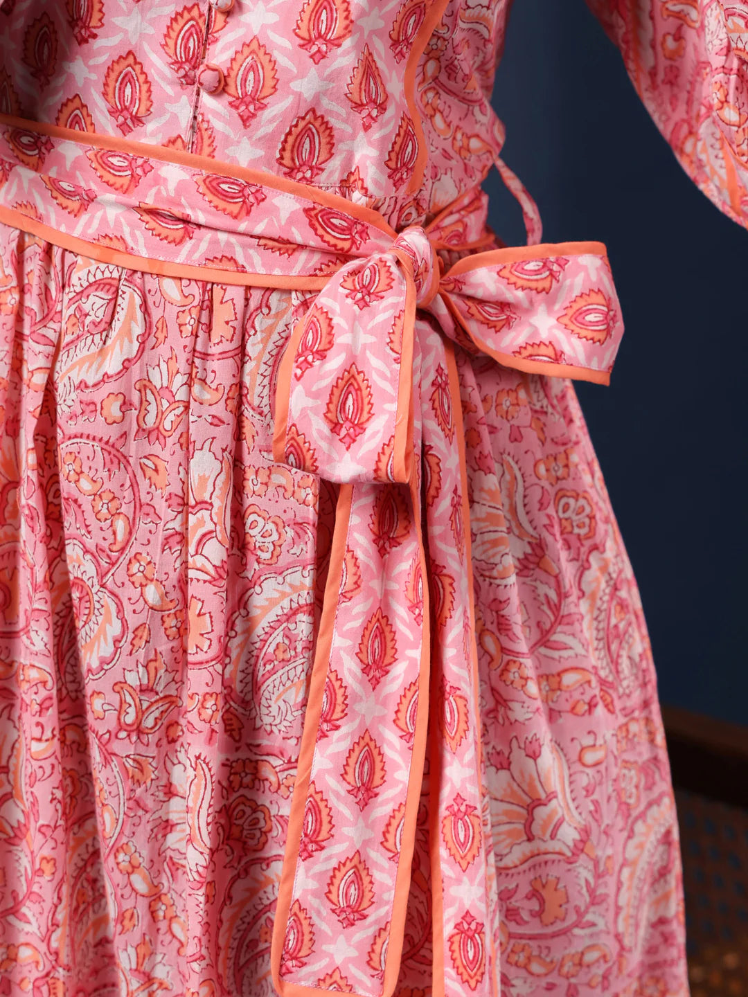 Pastel Pink Handblock Printed Cotton Dress with Belt and Pockets